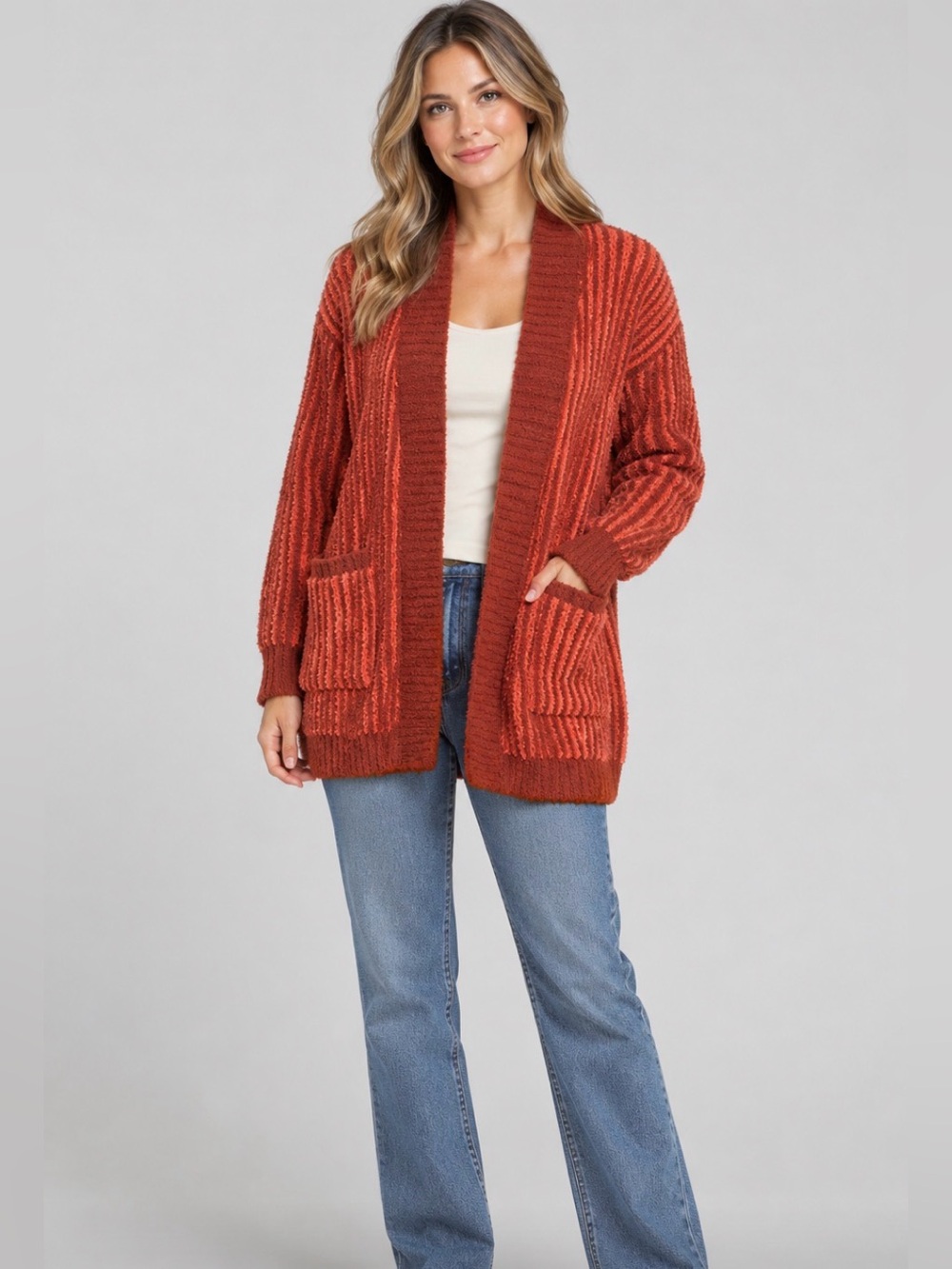 BKE Women's Rust and Orange Plush Striped Cardigan